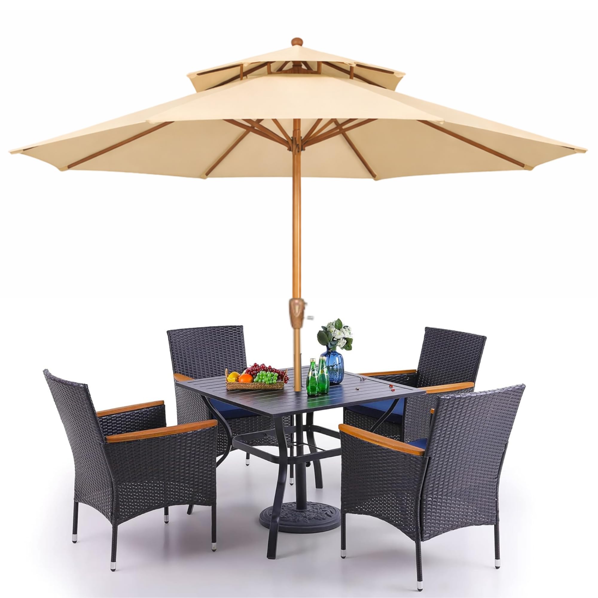 Premium 9ft Center Pole Garden Umbrella with Wooden Finish Metal Pole & 28kg Water Base Stand | Outdoor Patio Umbrella for Balcony, Lawn, Terrace & Poolside | UV-Resistant Waterproof Fabric Parasol-image-19