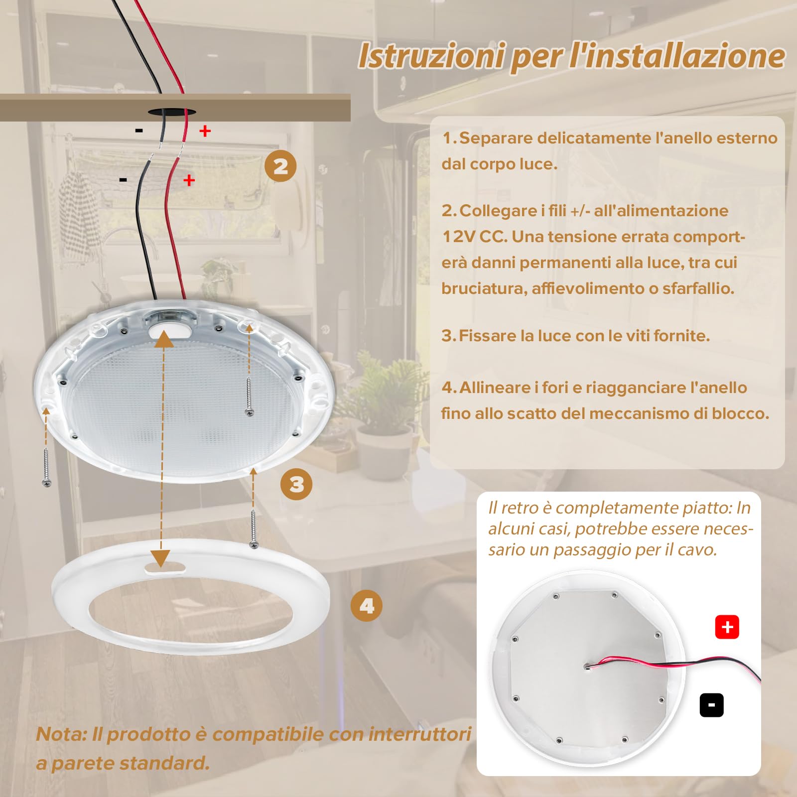 Dream Lighting Plafoniera LED Soffitto 12V Camper Barca Caravan IP44 Bianco Caldo