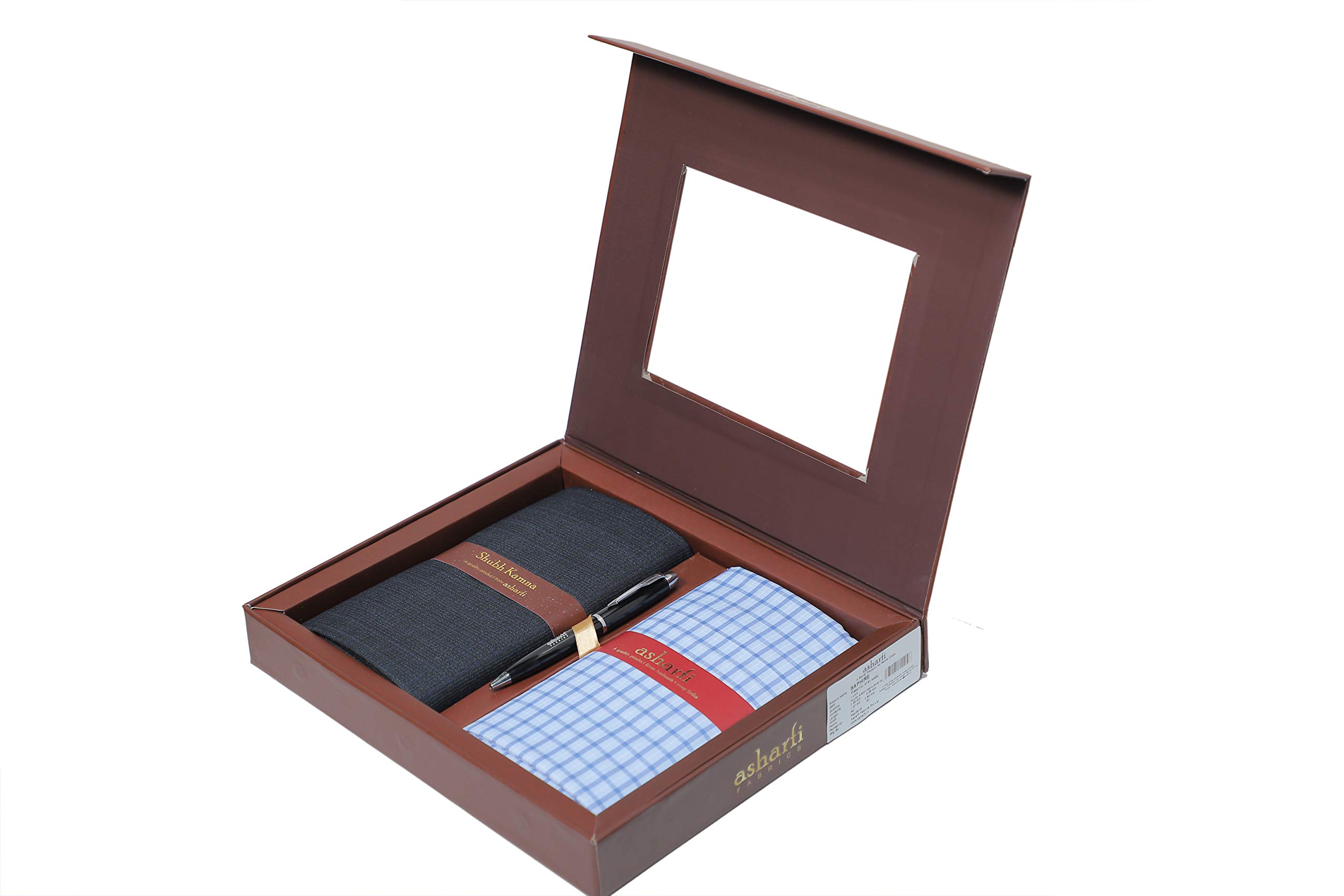 Men's Unstitched Pant Shirt Piece Fabric Combo Set with Metallic Pen in Gift Pack Carrying Case (Free Size)