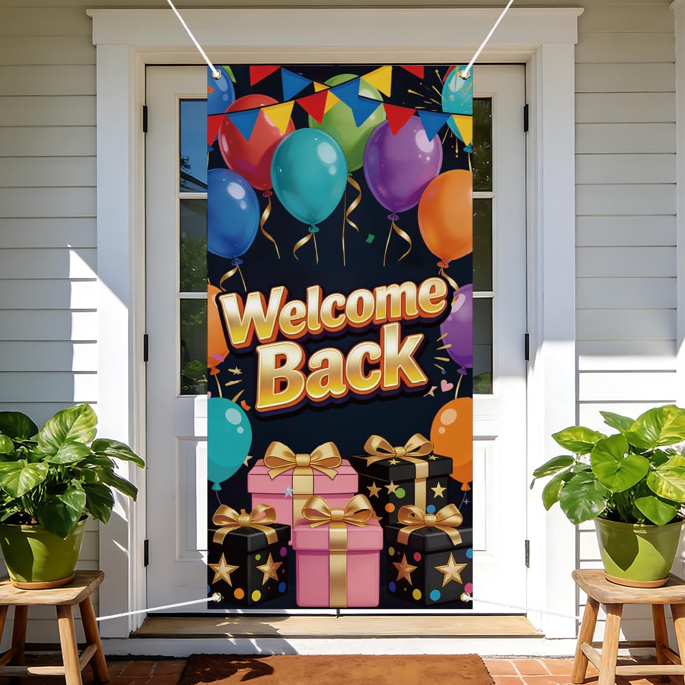 arricraft 1pc Polyester Door Decorative Cover, Balloons and Gifts Welcome Patterns Backdrop Banner Door Porch Sign Photography Background for Home Party Decor 72.8x35.4 Inches