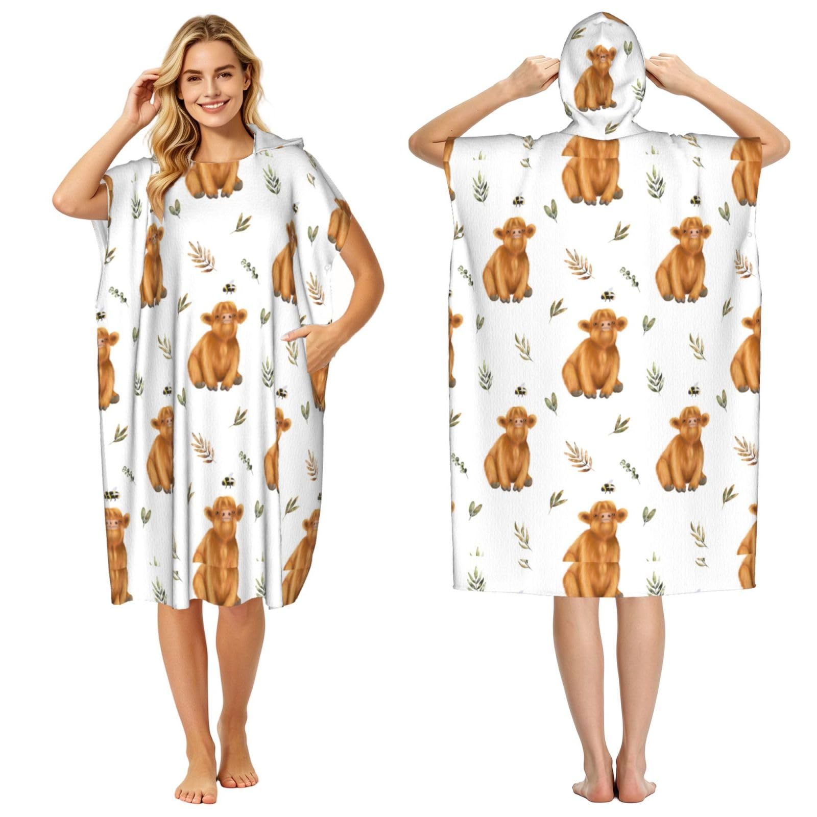 Poadnly Cute Highland Cow, Adult Hooded Beach Towel 90 x 110 cm,Changing Bath Robe, Surf Poncho Towel For Women Men