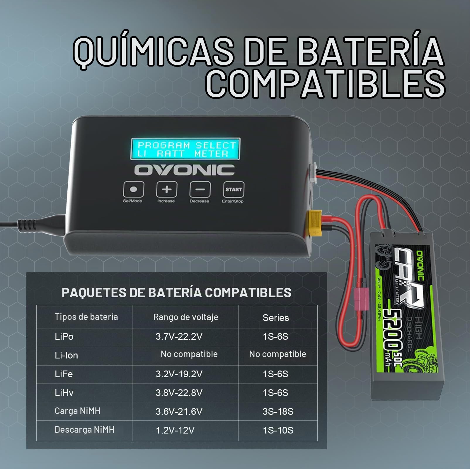 OVONIC Mate1 Cargador de Batería 100W 10A Cargador RC Inteligente con Cargador de Equilibrio XT60 Compatible para 2-6s LiIon/LiPo/Life 3-18S NiMH
