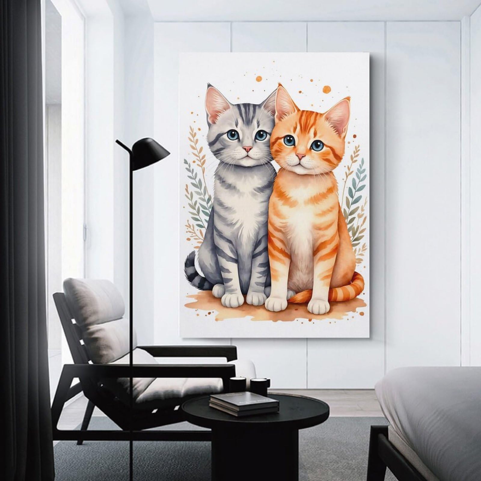 Junmoney Unframe-Style-7 Love Cat Watercolor Canvas Wall Art, 20X30inch(50X75cm), For Workspace Walls, Study Corners Or Bedrooms, An Interior Accent For Desk Areas