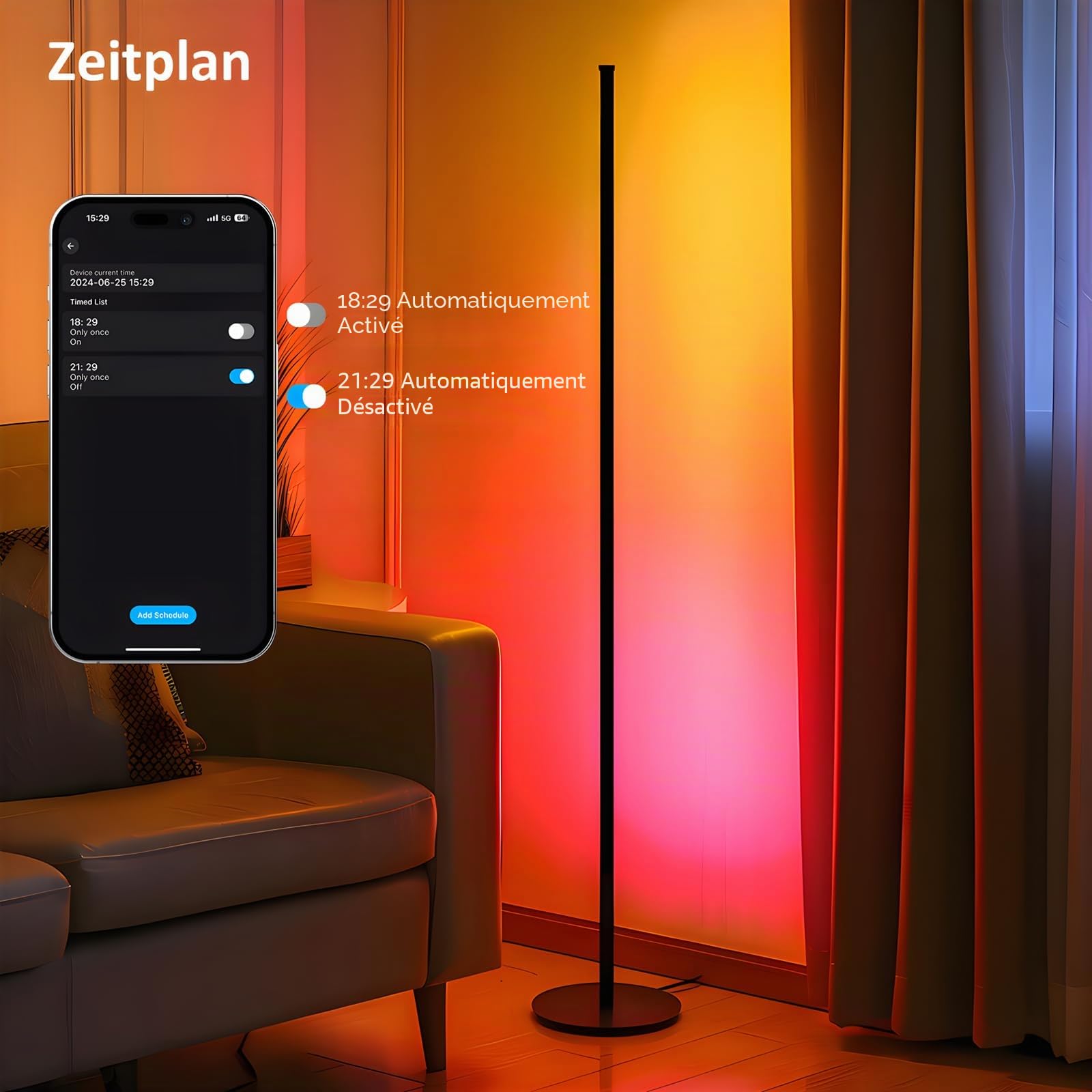 Lot de 2 Lampadaire LED d'Angle, 140cm Lampe sur Pied RGB avec APP et Télécommande,16 Millions Couleurs, Musique Sync et Temporisation, Lampe d'Ambiance Moderne pour Salon, Chambre et Décoration Fête