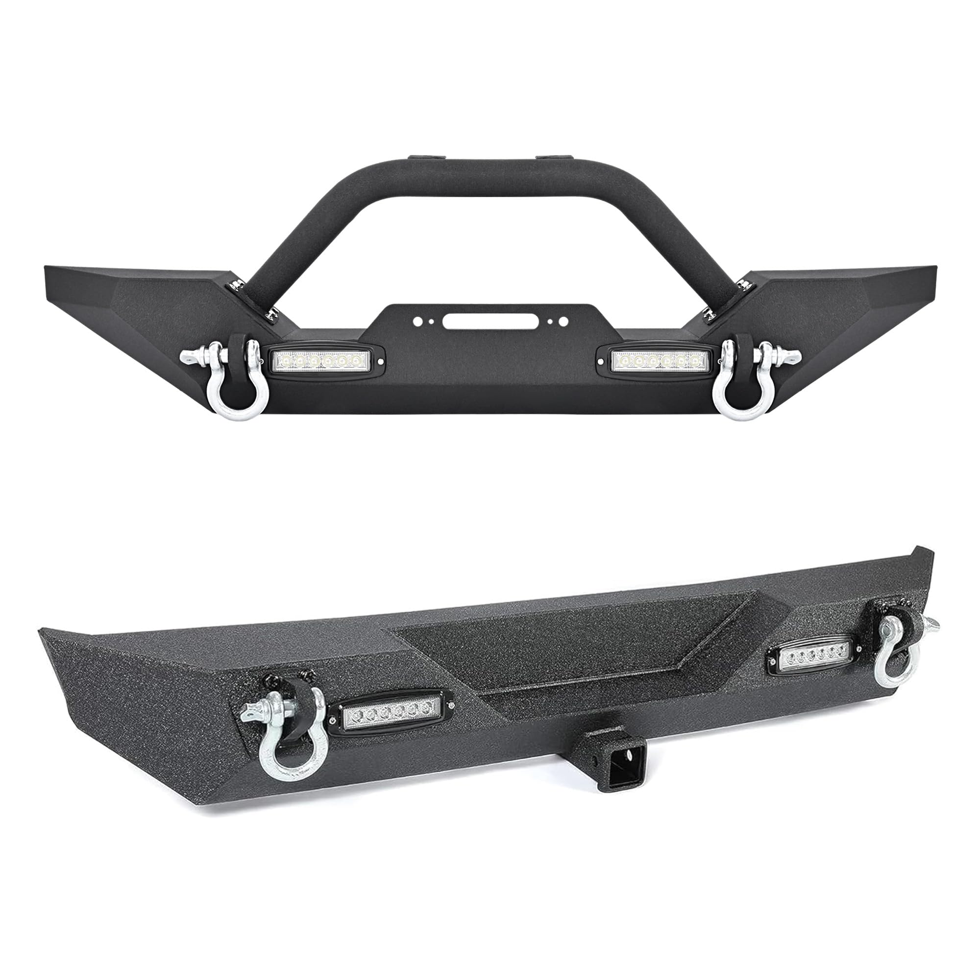 KUAFU Front & Rear Bumper for 1986-2006 Jeep Wrangler TJ YJ 40W 2 LED Lights & D-Ring & 2" Hitch Receiver, Black Powder Coated Steel (2 Pack)