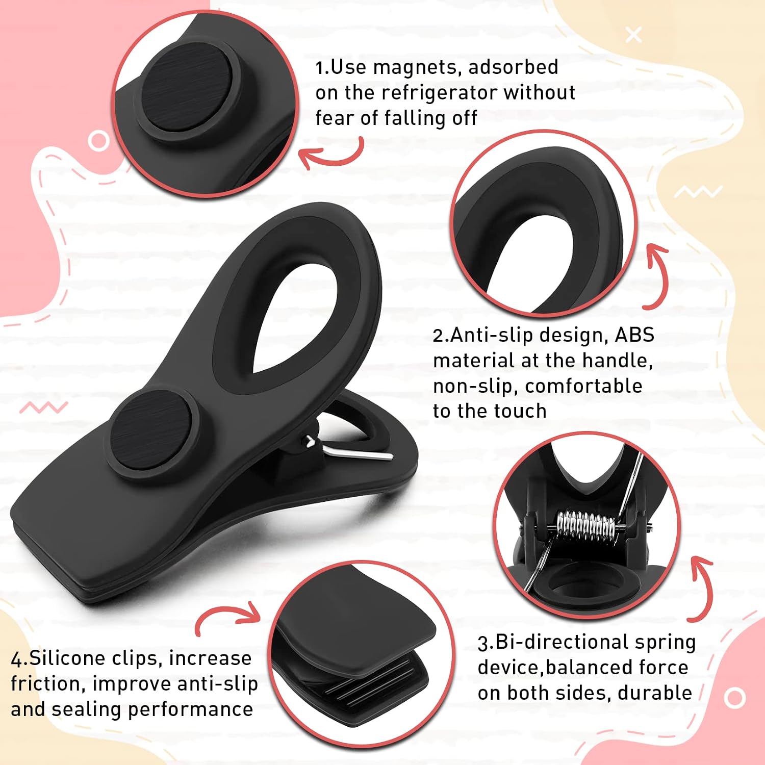 Chip Clips, Bag Clips, 6 Pack Black Magnetic Clips, Chip Clips Bag Clips Food Clips, Bag Clips for Food, Clips for Food Packages, Magnet Clips, Chip Bag Clip, Magnetic Chip Clips for Fridge