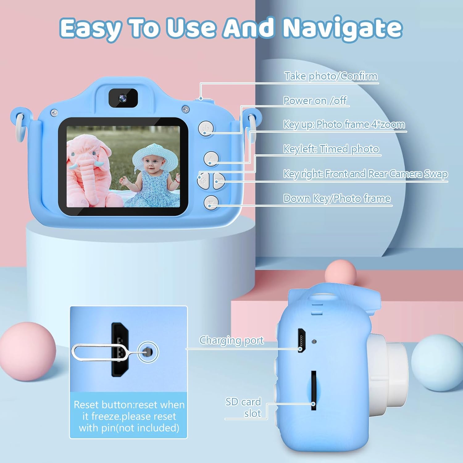 Diagram of the Yatao YT01 Kids Camera showing buttons and ports.