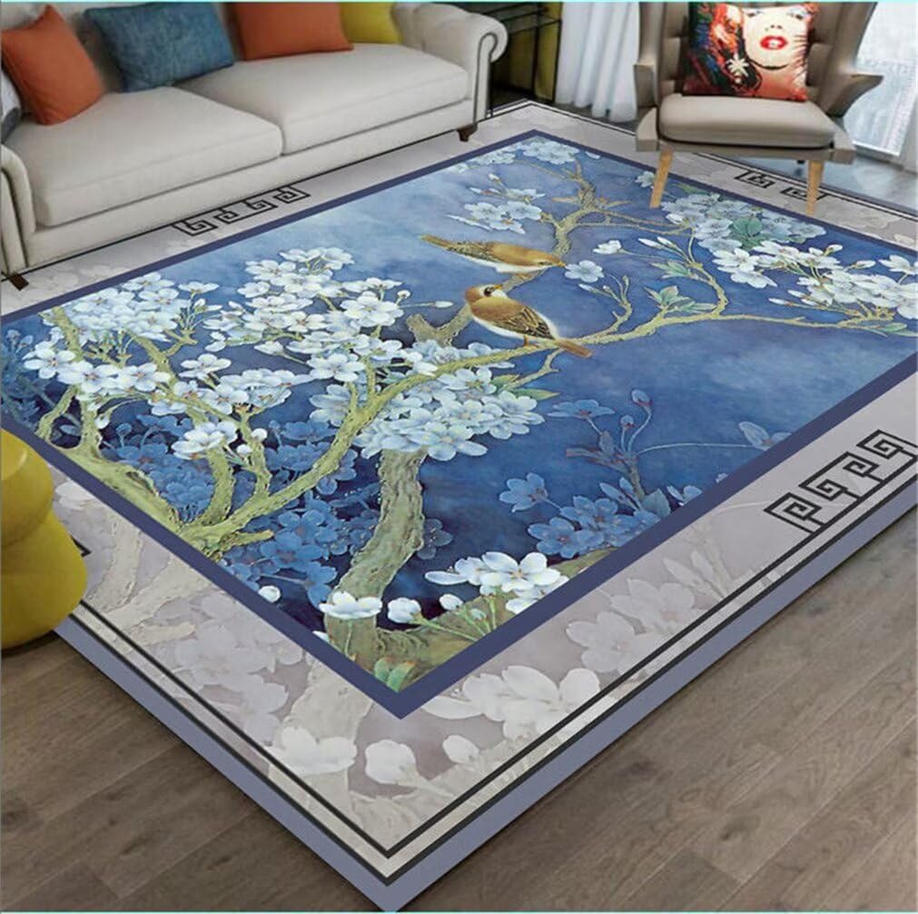 Tapis bleu moelleux 200x200cm au motif floral oriental et texture douce