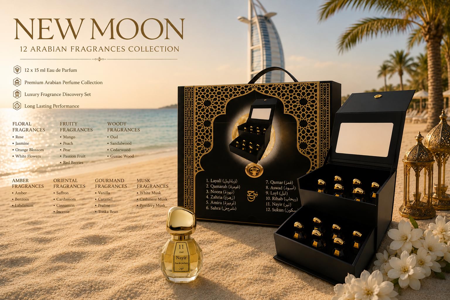 NEW MOON Cofre 12 Mini Perfumes Árabes Mujer 15ml – Set Eau de Parfum Oriental Larga Duración + Caja Joyero Reutilizable Regalo | Arabic Perfume Gift Set Women Long Lasting Jewelry Box