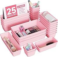 BiuLeon 25 Pack Pink Plastic Drawer Organizers - 4 Sizes for Makeup, Jewelry, Vanity, Desk, Bathroom Storage Trays