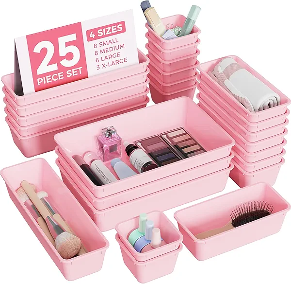 BiuLeon 25 PCS Plastic Drawer Organizers Set, 4-Sizes Vanity and Makeup Organizer, Desk and bathroom Drawer Organizer Trays, Organizers and Storage for Makeup, Jewelry, Gadgets, Utensils (Pink)
