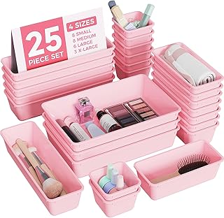 25 PCS Plastic Drawer Organizers Set, 4-Sizes Vanity and Makeup Organizer, Desk and bathroom
