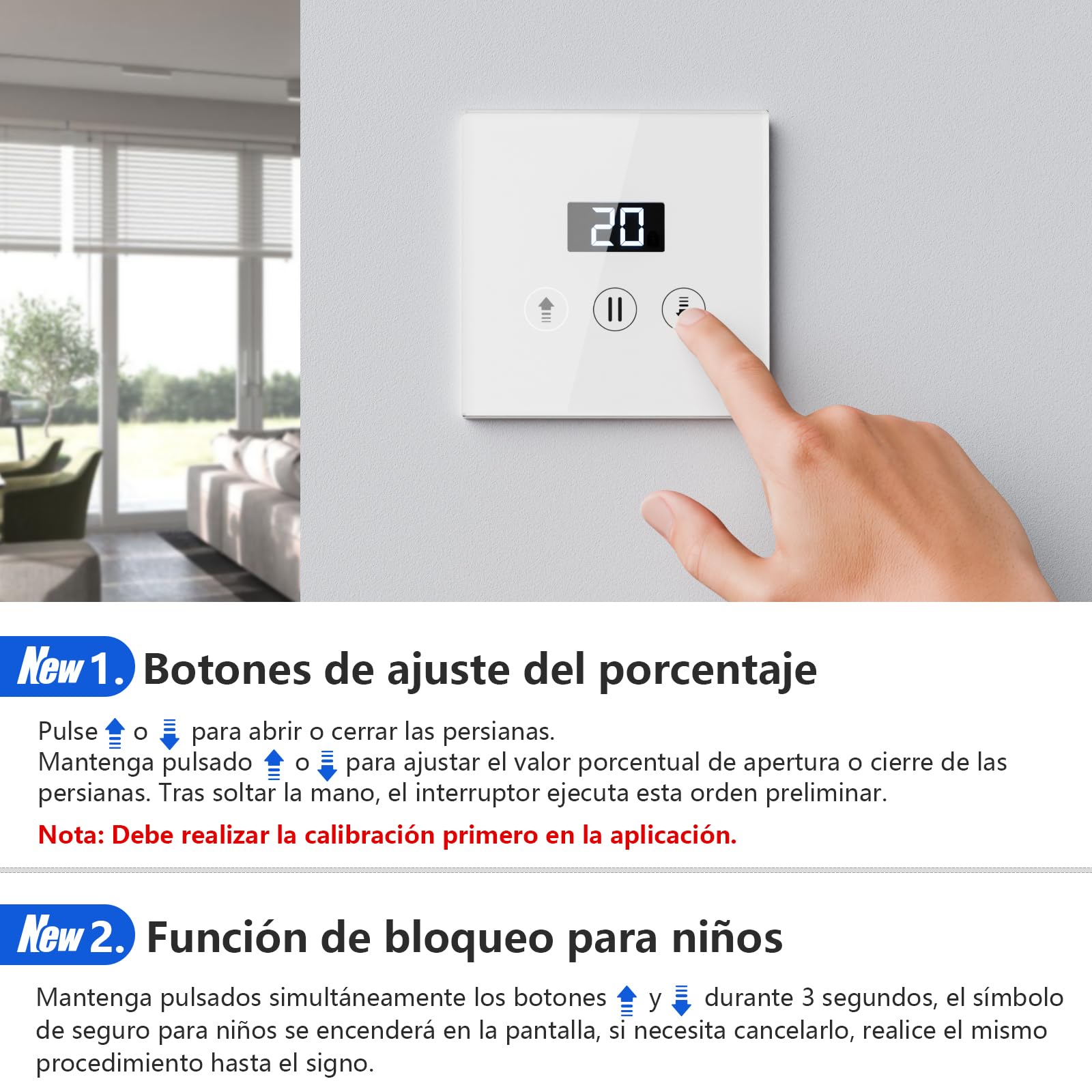 Interruptores Persiana Wifi Porcentual con Pantalla LCD, Interruptor Persiana Inteligente Compatible con Alexa y Google Assistant 80x80mm, Se Requiere Cable Neutro