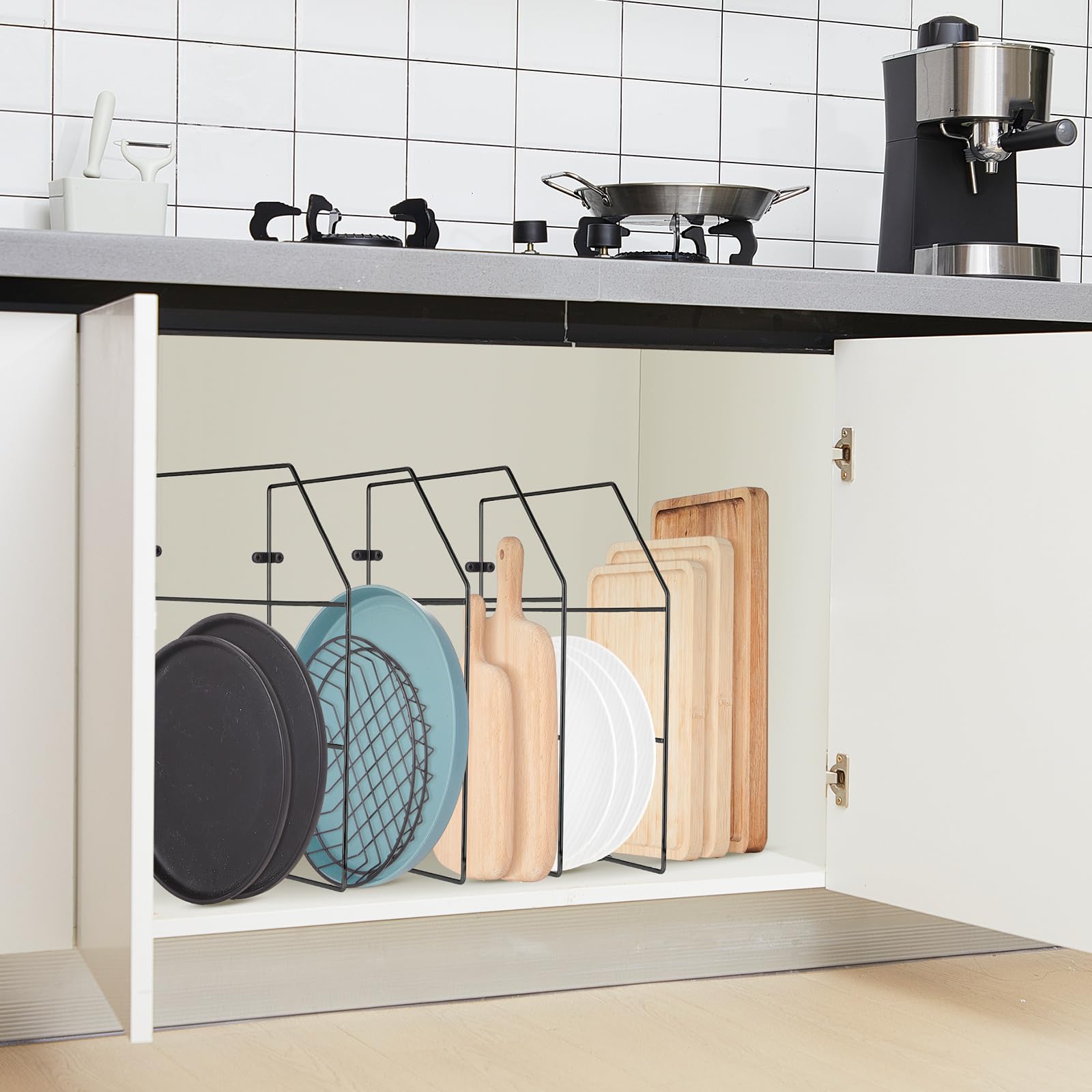 Blulu Backblech-Organizer, 45,7 x 50,8 cm, Trennwände für Schränke, Küchenschrank, Trennwände, vertikal, für Backbleche, Chrom-Pfannenregal, Aufbewahrungsdrähte für Küchenschränke (schwarz), 4 Stück
