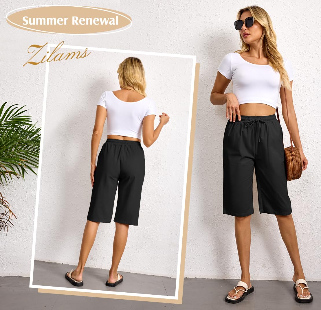 Pantaloncini Donna Estivi Bermuda Donna Estivi Cotone al Ginocchio Pantaloni Corti Leggeri con Tasche e Cordone Shorts Eleganti per Vacanze