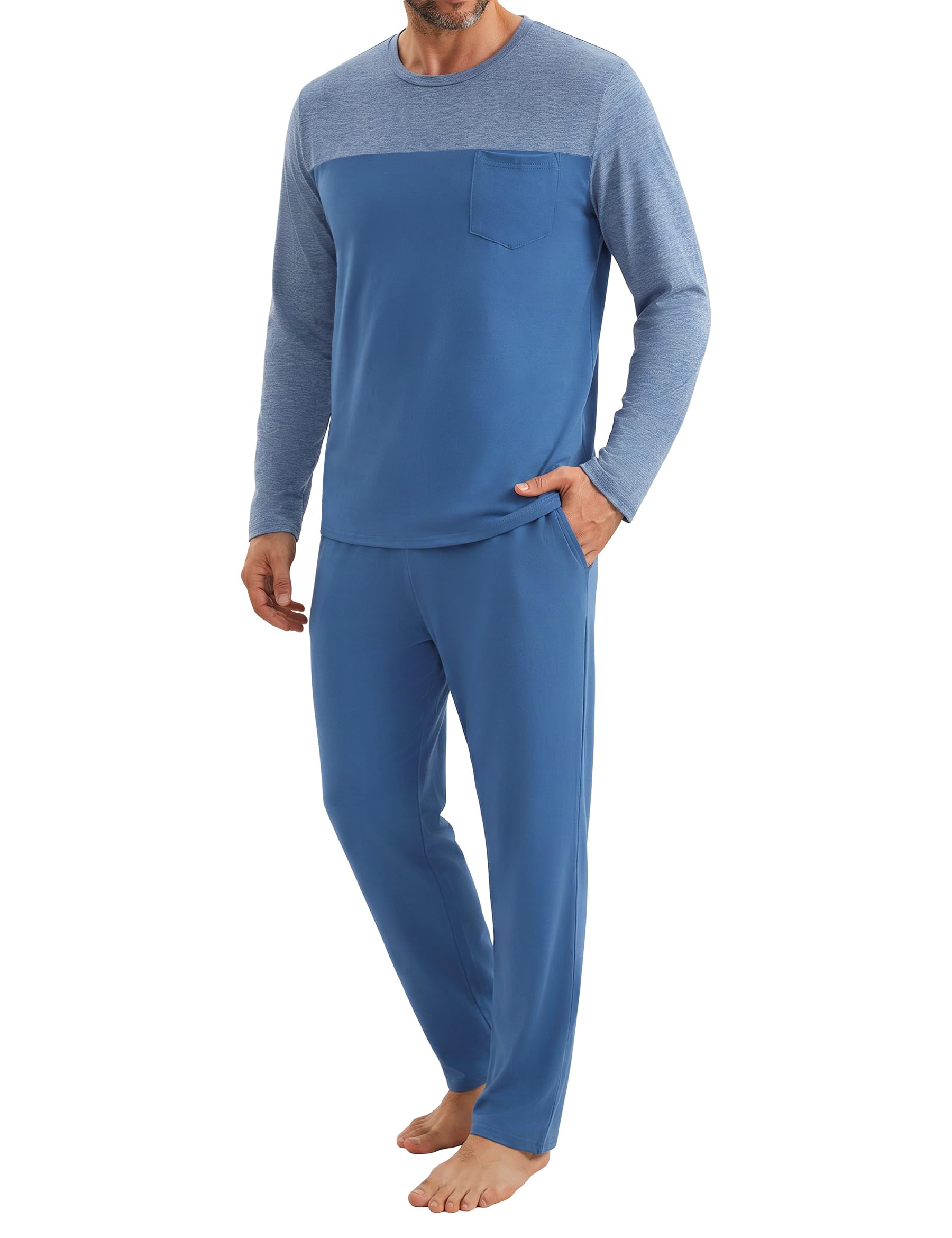 Uniexcosm Schlafanzug Herren Langarm Pyjama Set mit Langer Hose | Rundhals-Shirt im Kontrastdesign, Hose mit Kordelzug und Taschen, locker für Schlafen und Zuhause