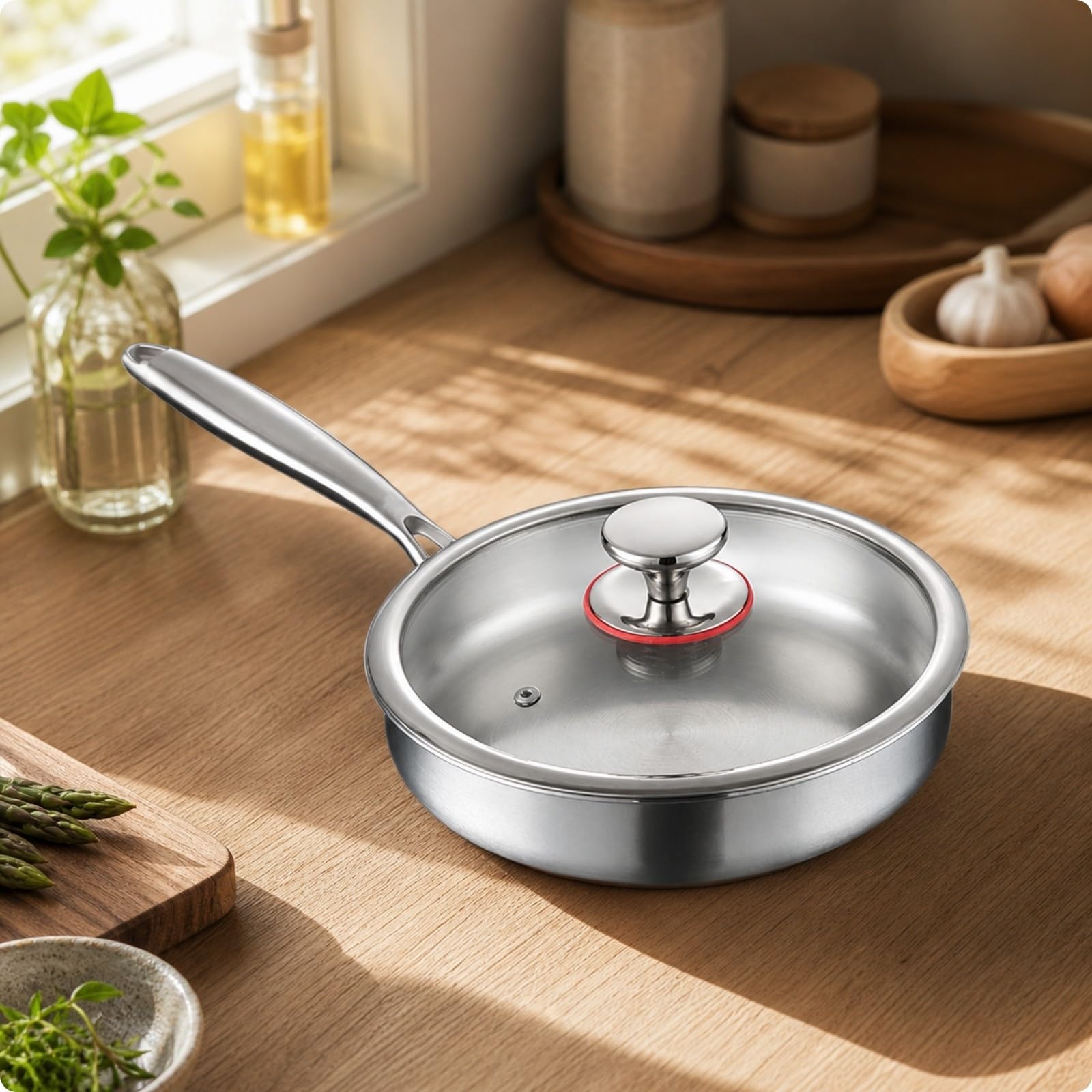 in Acciaio Inox con Coperchio Conduzione Termica Rapida Antiaderente senza Rivestimento Facile da Pulire per Colazioni, 26CM