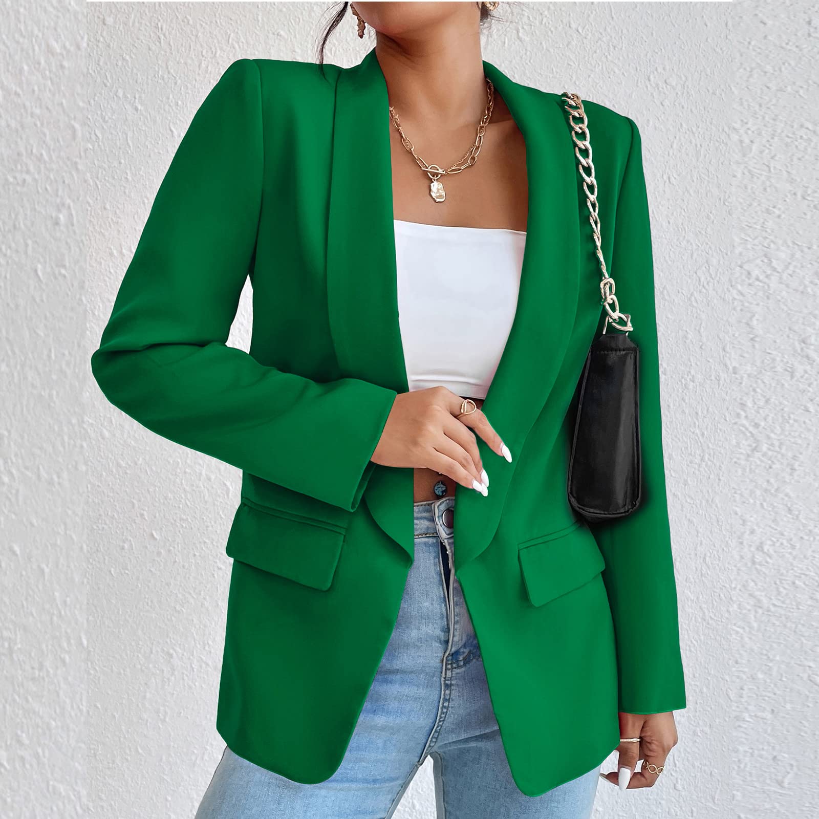 Blazer largo casual para mujer, con frente abierto, chaqueta de trabajo de oficina con bolsillos