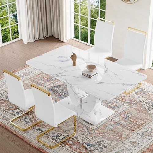 Miniatura 86 de JUFU Juego de mesa de comedor para 6 personas con sillas tapizadas de poliuretano, mesa y sillas de comedor de mármol sintético gris de 63 pulgadas,