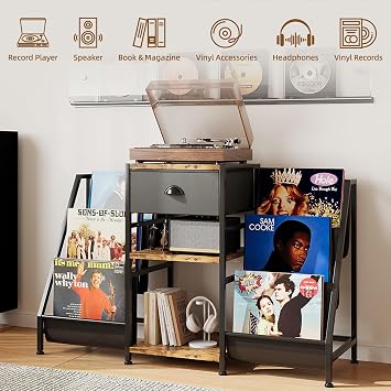 CAIYUN Record Player Stand with 3-Tier Storage, Turntable Table for Living Room, Holds Up to 280 Albums, Bookshelf Display Rack with Black Fabric Drawer, Retro Media Console, Rustic Brown Shelf