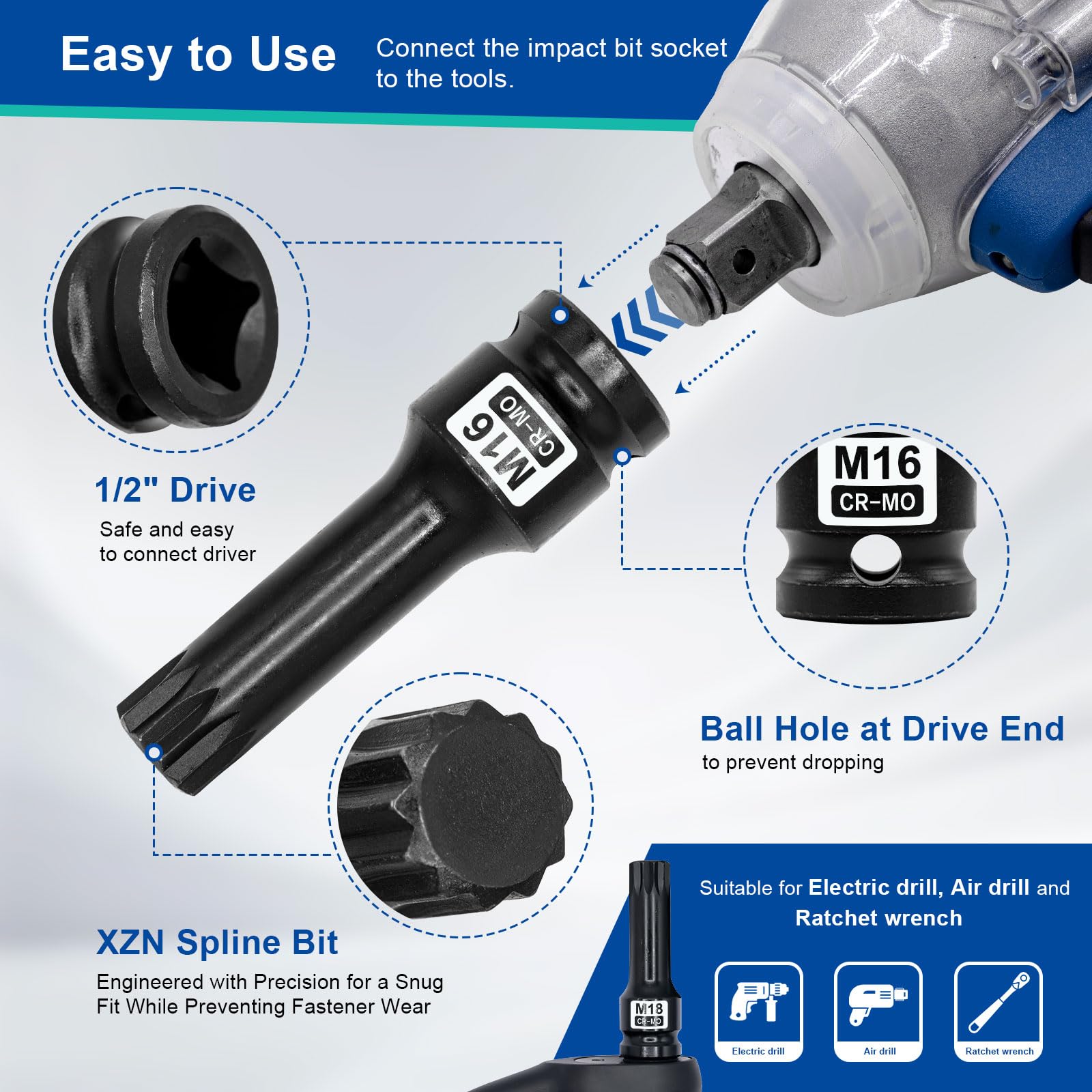 DAKCOS M12 M14 M16 M18 Kraft XZN nasadki udarowe wielozębowe 1/2", 8-częściowy zestaw kluczy nasadowych z wieloma zębami CR-MO