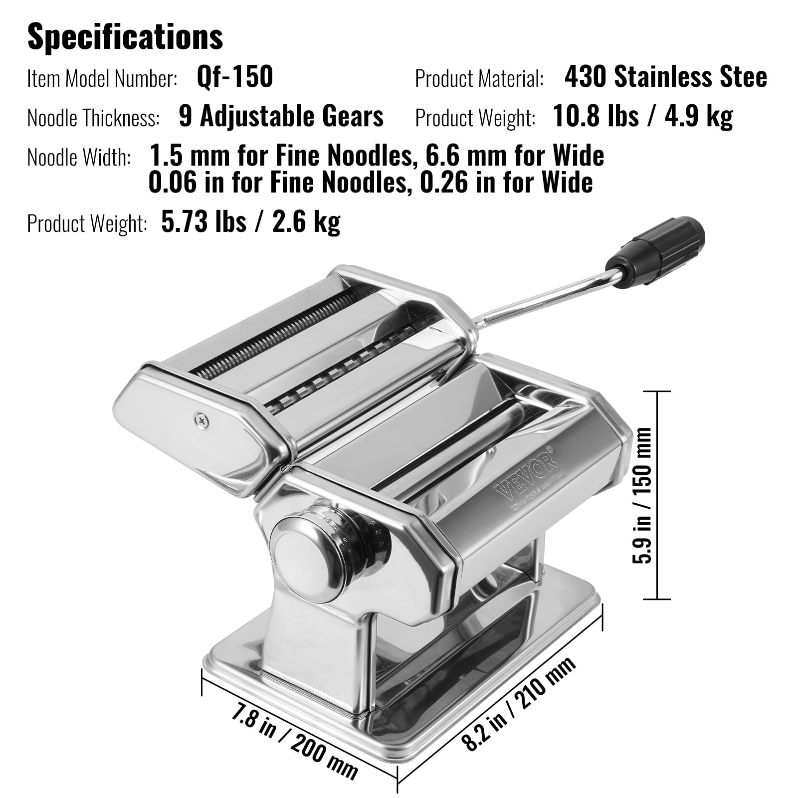 VEVOR Machine à Pâtes Manuelle Acier Inox Machine à Pâtes Fraîches Italiennes 9 Épaisseurs 0,3-3 mm Largeur 1,5/6,6 mm Brosse et Manivelle Incluse pour Spaghettis Emballages de Boulettes et de Ravioli