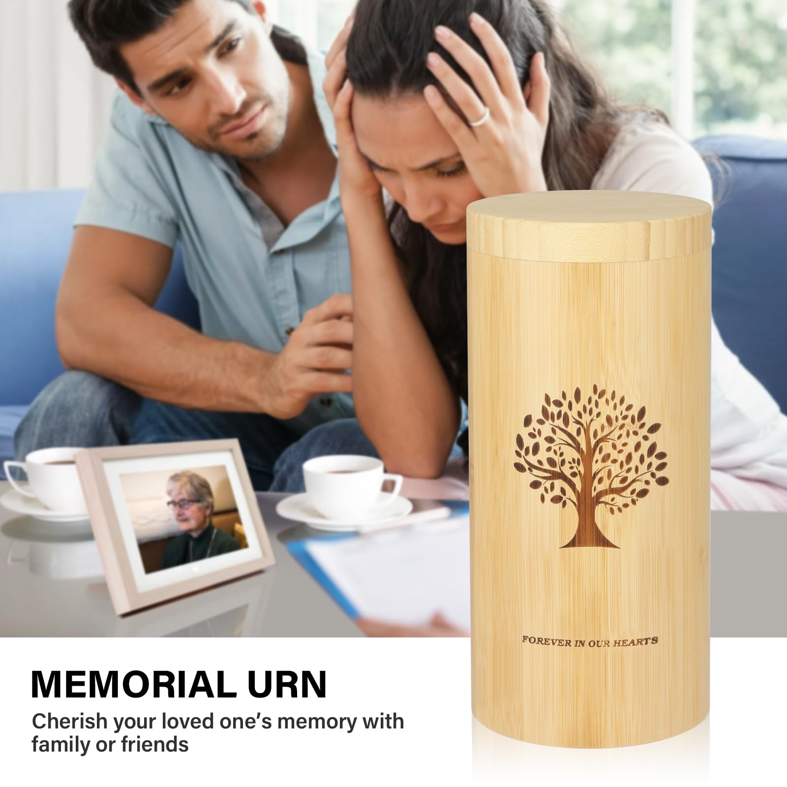 Urnas Grandes para Cenizas humanas con Tapa de Rosca, urnas de cremación de bambú para Cenizas Adultos,Urna para esparcir cenizas con patrón de árbol de la Vida,13*28cm,con bolsa con cordón