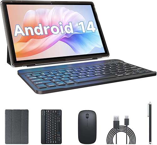 Tableta con teclado, tableta de 10 pulgadas 2 en 1 tabletas, Android 11 Tableta PC incluyendo funda de ratón Stylus película templada, Quad Core