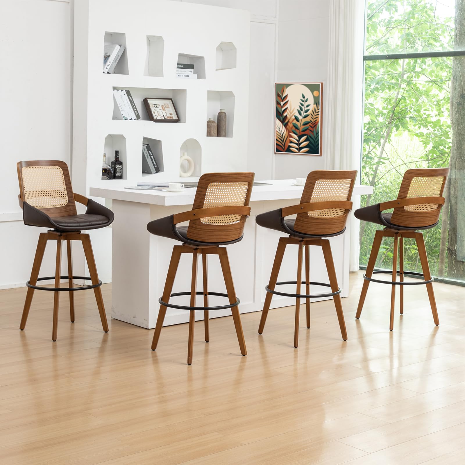 Bar Height Bar Stools Set of 4 - 29.5 inch Mid Century Modern Bar Stools with Cane Back, Curved Arms, Faux Leather Upholstered Seat, Rattan BarStools