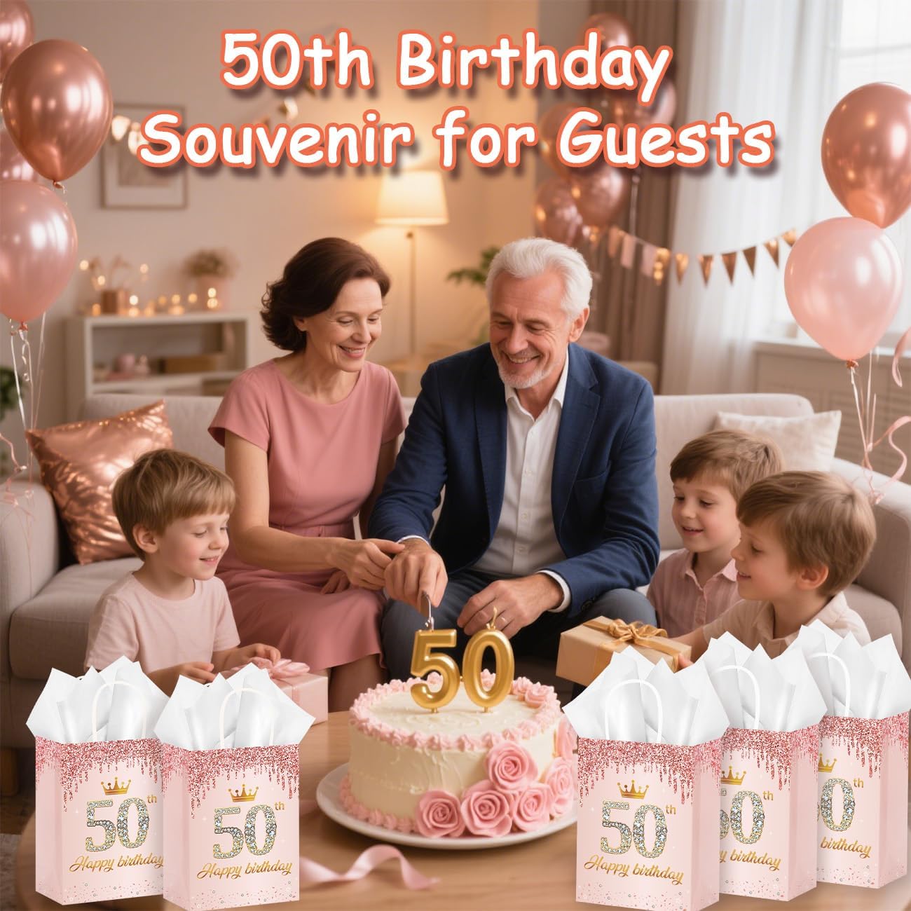 50Pcs 50th Birthday Party Favors Gift Bags Bulk Rose Gold Happy 50th Candy Wrap Bags with Tissue Paper Birthday Souvenir Bags for Guests Men Women Party Celebration Decorations Supplies (50th)