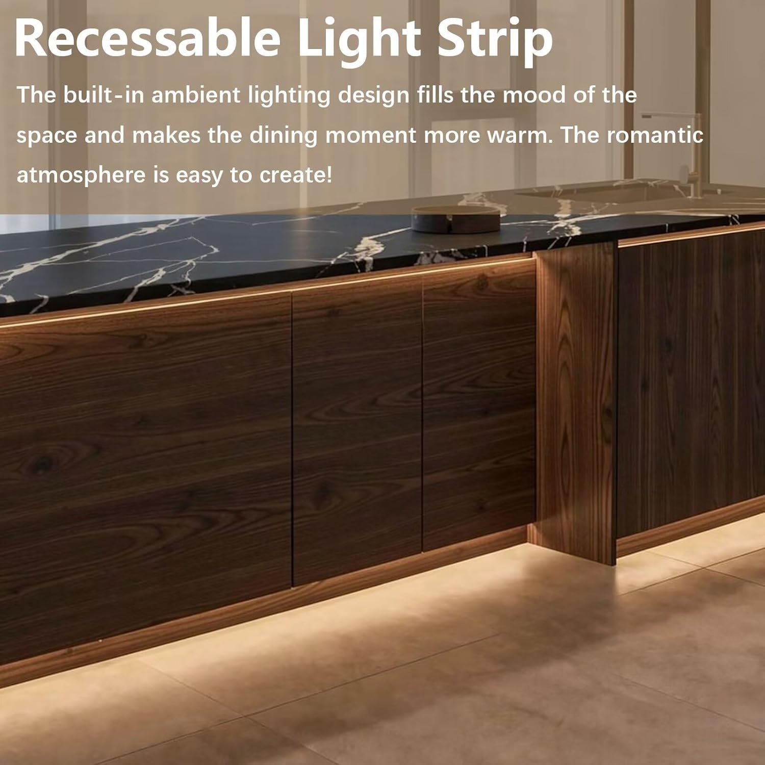 Kitchen Island with Storage - Modern Kitchen Island Table with Stone Countertop,Includes Integrated Storage,Under Cabinet Lighting Wooden Cabinet,for 4 People (72IN No Chairs)