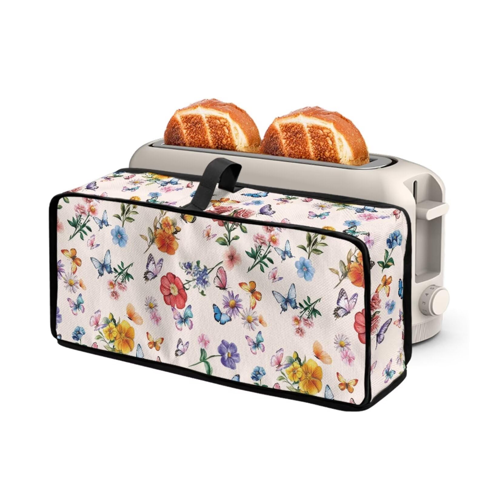 Colorful Flowers Butterfly Toaster Cover Universal Fit 2 Slice Long Slot Bread Maker Oven Dust Cover with Top Handle Kitchen Small Appliance Toaster Protector