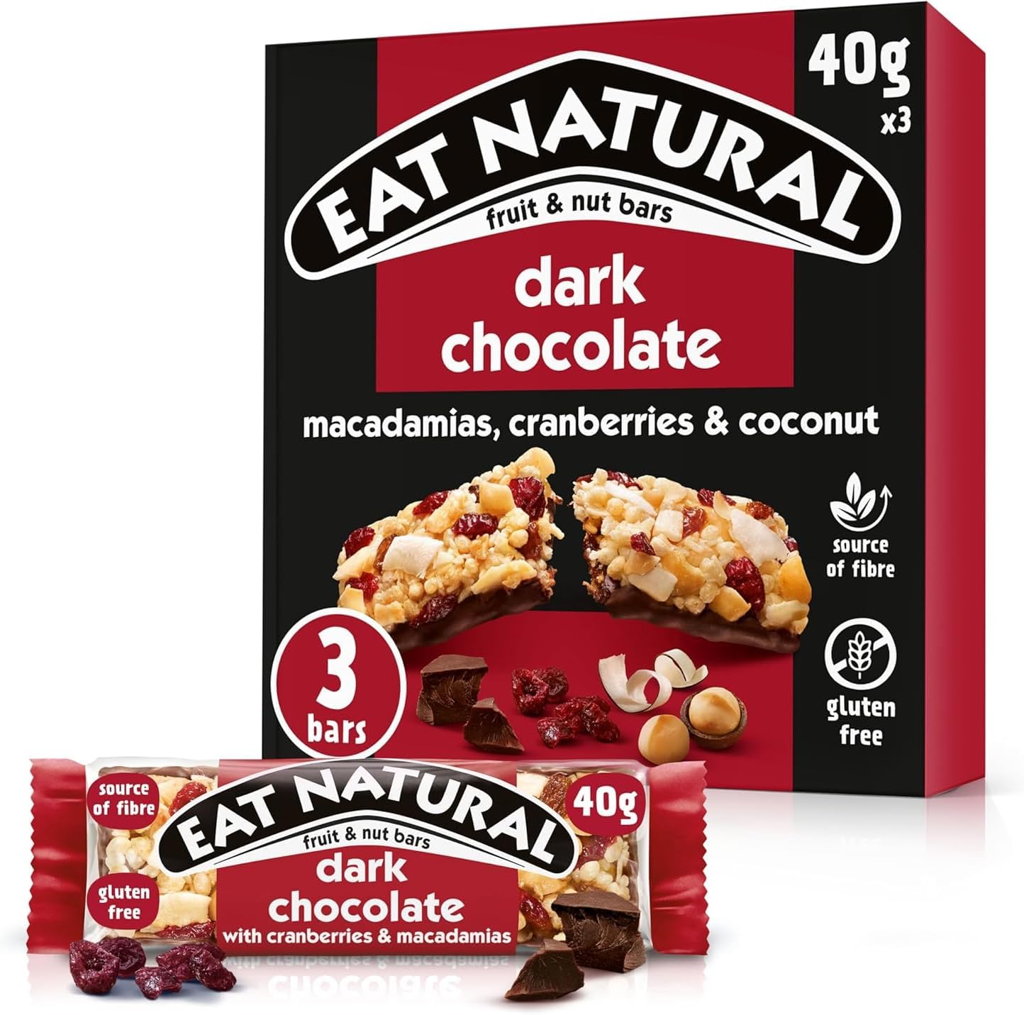 Eat Natural Nut Bars, Dark Chocolate, Cranberries, Macadamias, 3 x 40g