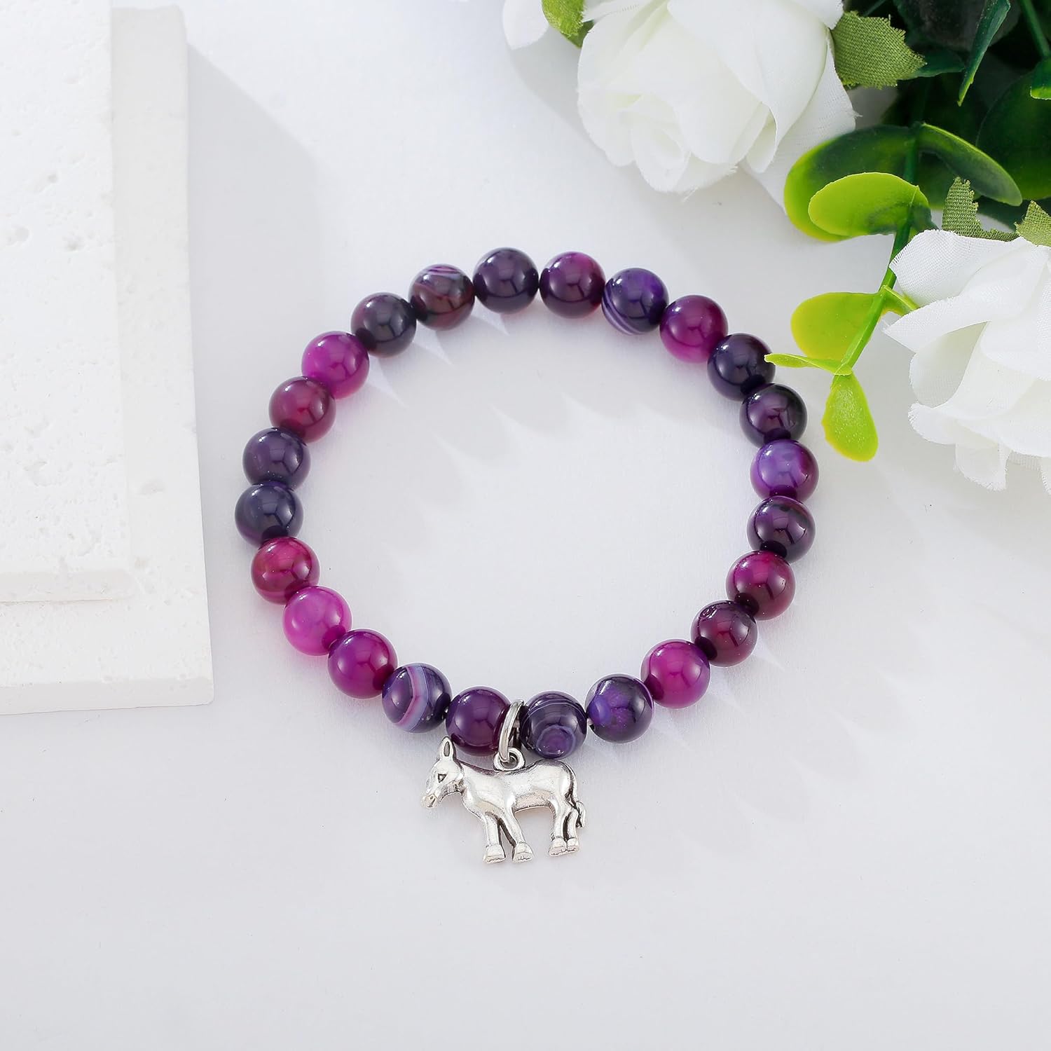 PARTNER Donkey Gifts for Women Donkey Bracelet for Good Friends Donkey Pendant Amethyst Beaded Natural Stone Bracelet for Donkey Lovers