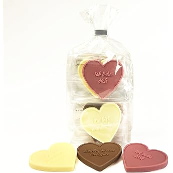 CHOCO SECRETS Love Chocolate Hearts - 12 Embossed Chocolate Hearts with I Love You#34;Du bist wunderbar and Sch n dass es dich gibt - Chocolate Gift for Christmas