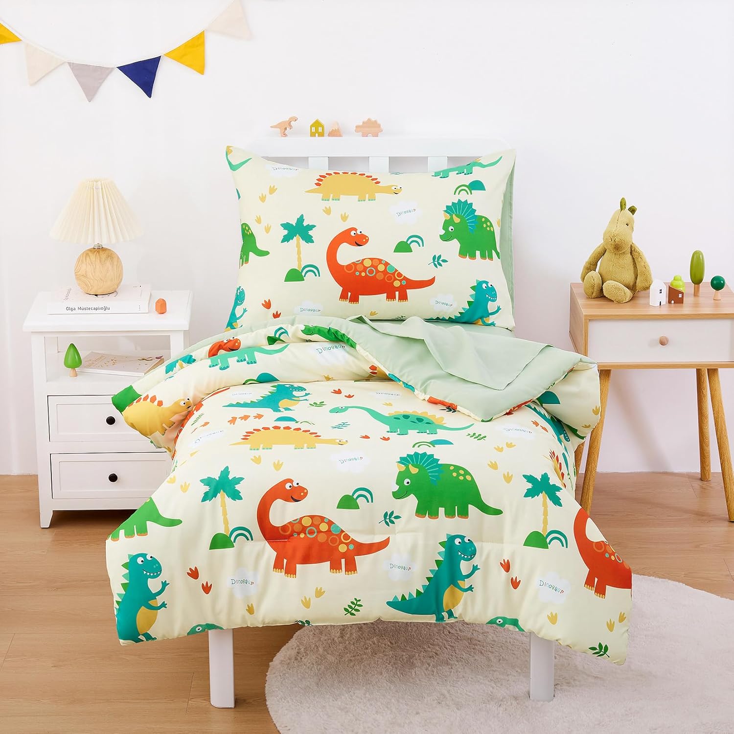 Wake In Cloud - Dinosaur Toddler Bedding Set for Boys, Cute Colorful Dinosaurs, 4 Pieces Soft Crib Bed Set Including Comforter, Sheets and Pillowcase, Cream Green