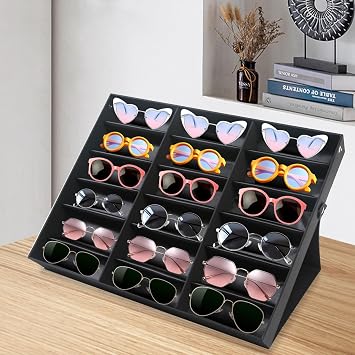 mignonnememe 18 Slot Eyeglass Sunglasses Storage Box Glasses Display Case Organizer Collector Black 18.7 x 14.7 x 2.2in