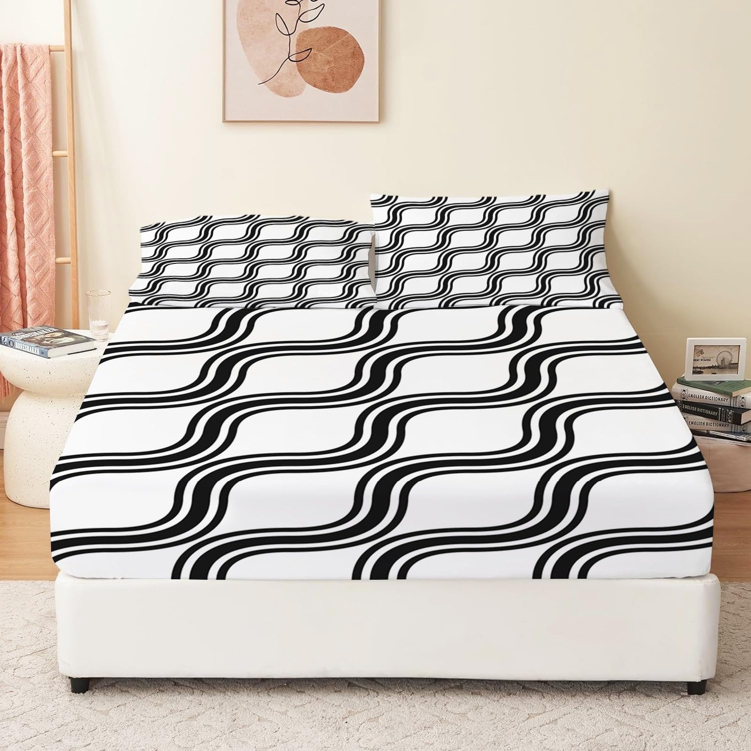 Drap housse 160x200 cm microfibre avec 2 taies d'oreiller géométriques