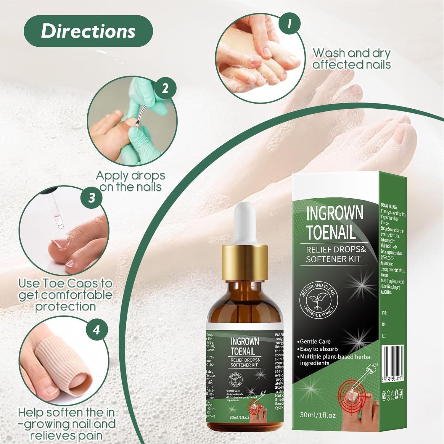 Ingrown Toenail Treatment - 30ml Softening & Conditioning Kit for Easy Trimming with Silicone Gel Toe Caps - Comprehensive Ingrown Toenail Removal Sol