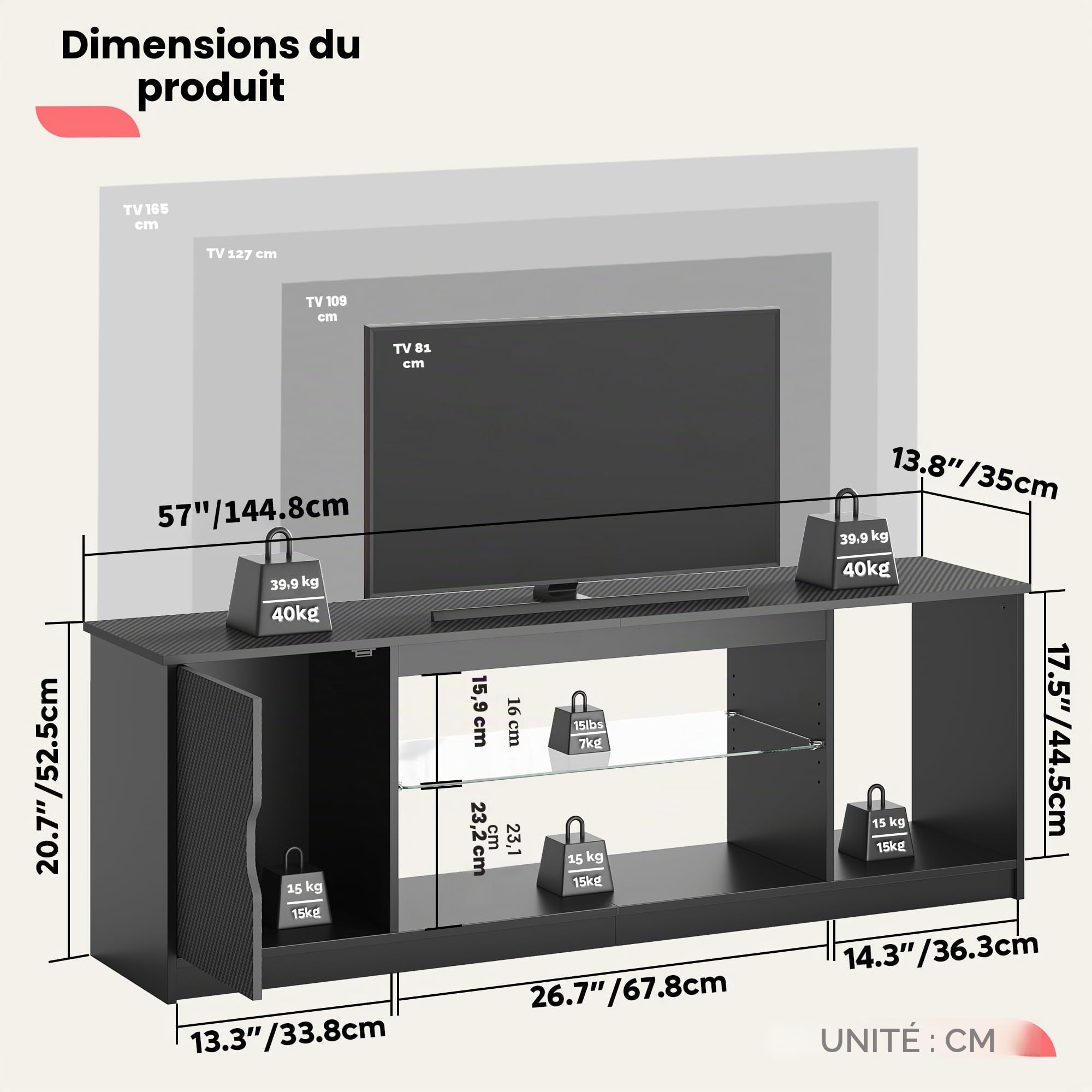 Bestier Support TV LED 145 cm pour TV de 55/60/65" avec Armoire pour PS5, Moderne, avec étagères en Verre réglables, pour Salon, Chambre à Coucher, Fibre de Carbone Noire