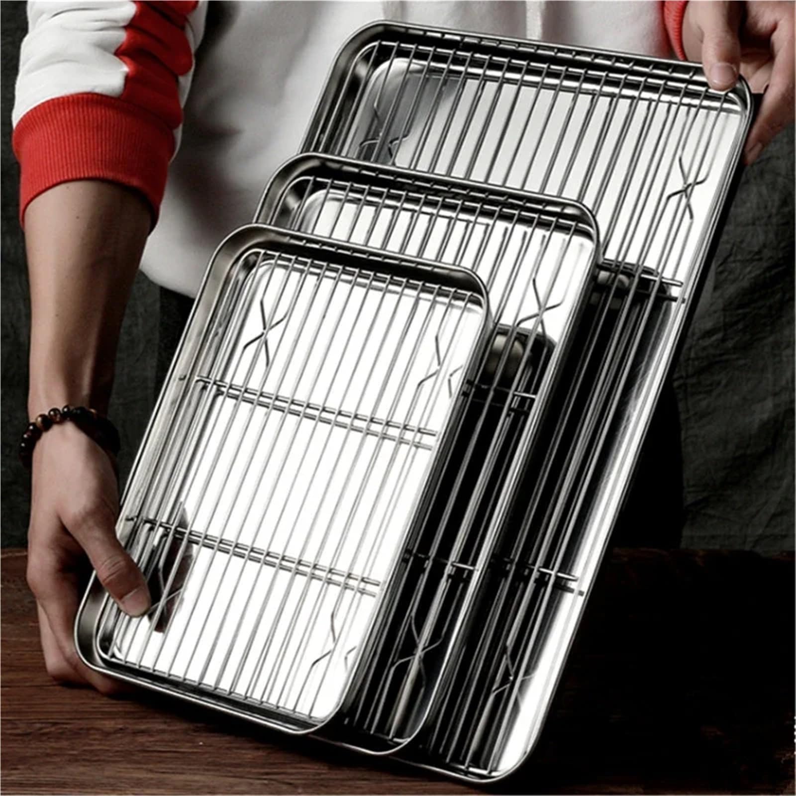 Bandeja de Servicio de Acero Inoxidable Bandeja for Horno de Acero Inoxidable 304 chapada en Oro con Rejilla enfriamiento, Apta for lavavajillas(22)