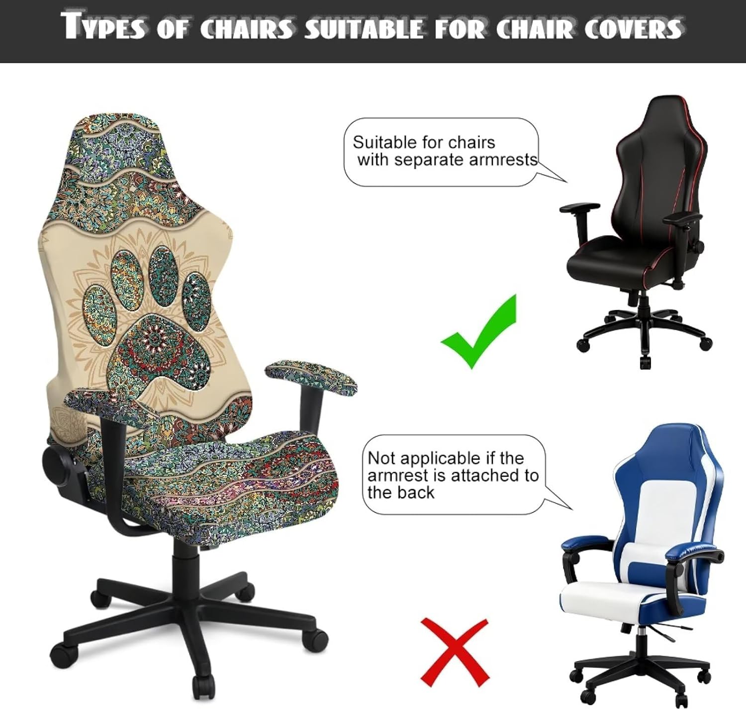 Bohemian Mandala Paw Beige Cyan 4 Pieces Gaming Chair Slipcover with Armrest Covers Stretch Rotating Gaming Chair Protector Office Desk Chair Cover Cat Scratch Proof
