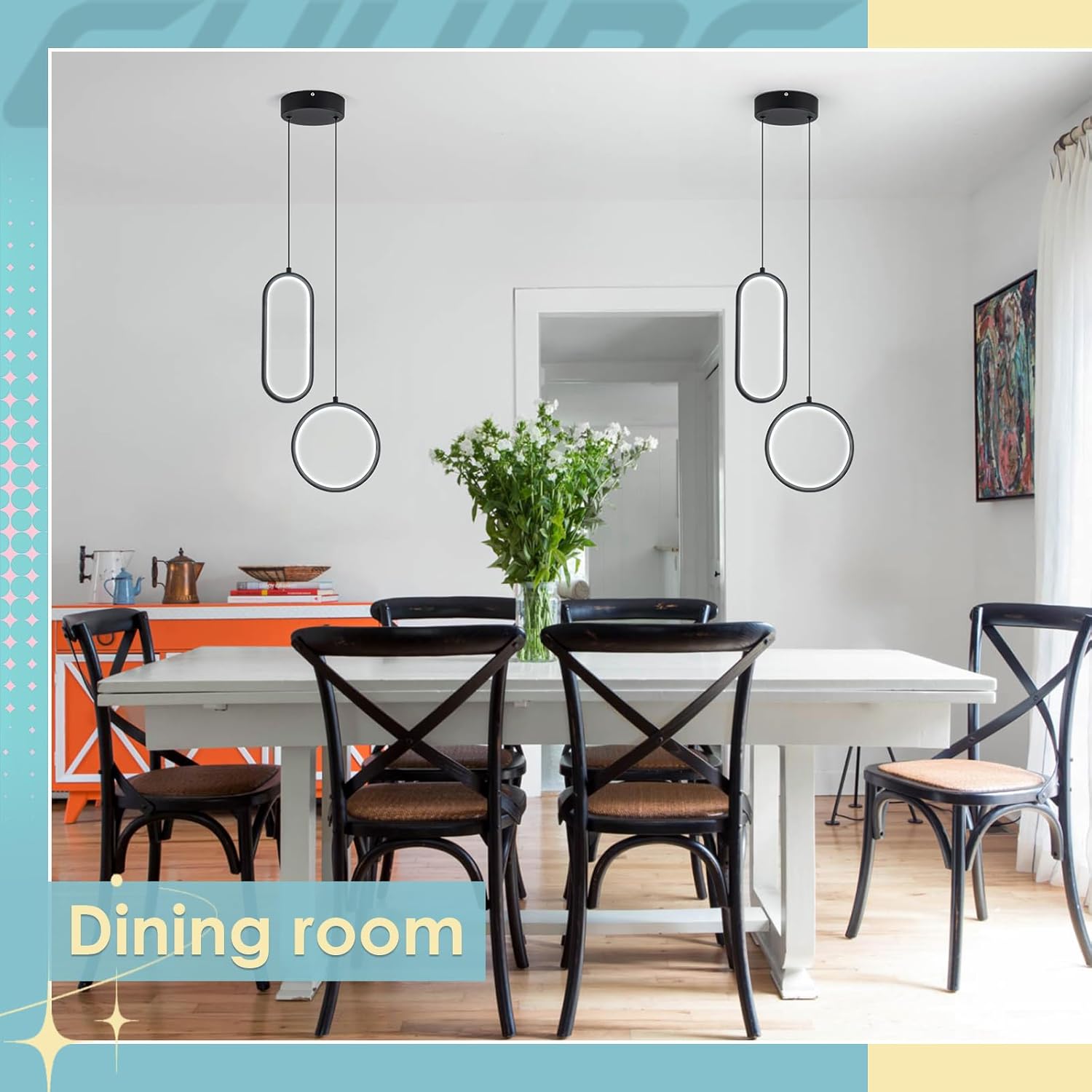 CHYING Black Modern LED Pendant Light with Remote Control, 2 Ring 24W 3-Color Temp Stepless Dimmable Ceiling Hanging Light for Bedroom Kitchen Island Dining Room Foyer Entryway