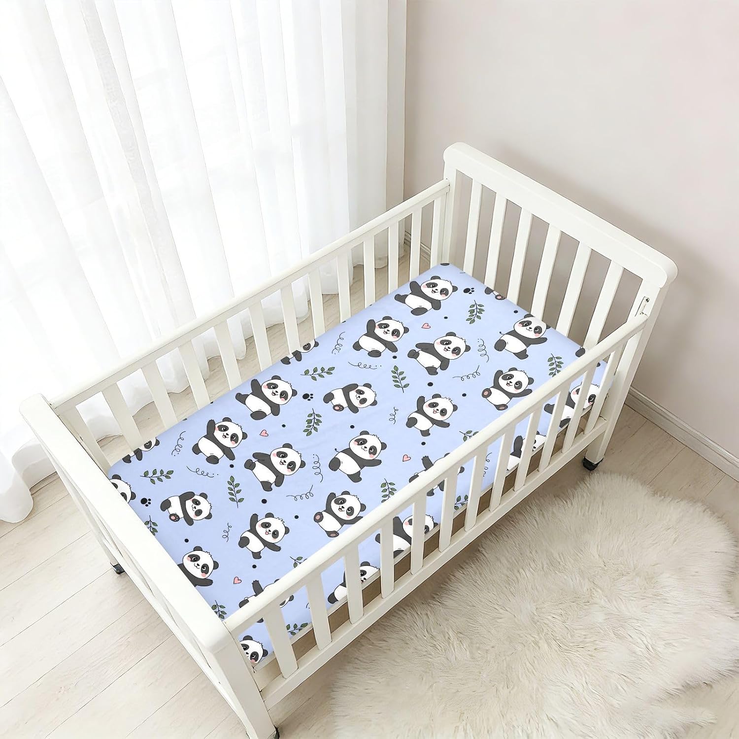 Cute Pandas Leaves Blue Pattern Baby Crib Sheets, Cotton Fitted Crib Sheet, Soft Breathable, Fits Standard Toddler Mattress 52x28 for Boys Girls Baby