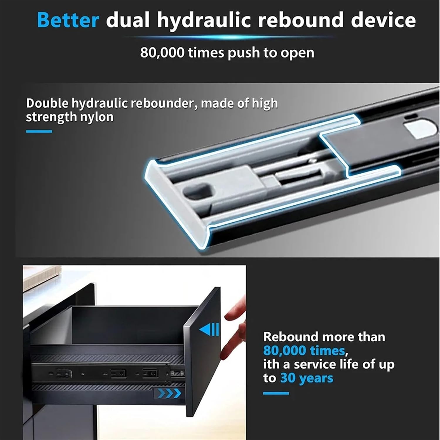 Heavy Duty Drawer Slides Push to Open Drawer Slides Full Extension Handleless Side Mount Black Rails(14inch (35cm))