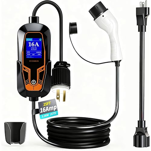 Level 1 and Level 2 Portable EV Charger, J1772 16 Amp 25 ft Cable Charging Cable - Dual Voltage 120V 240V Home EV Charging Station, Adjustable 8 to 16A for BEVs/PHEVs, NEMA 6-20 & NEMA 5-15 Plug