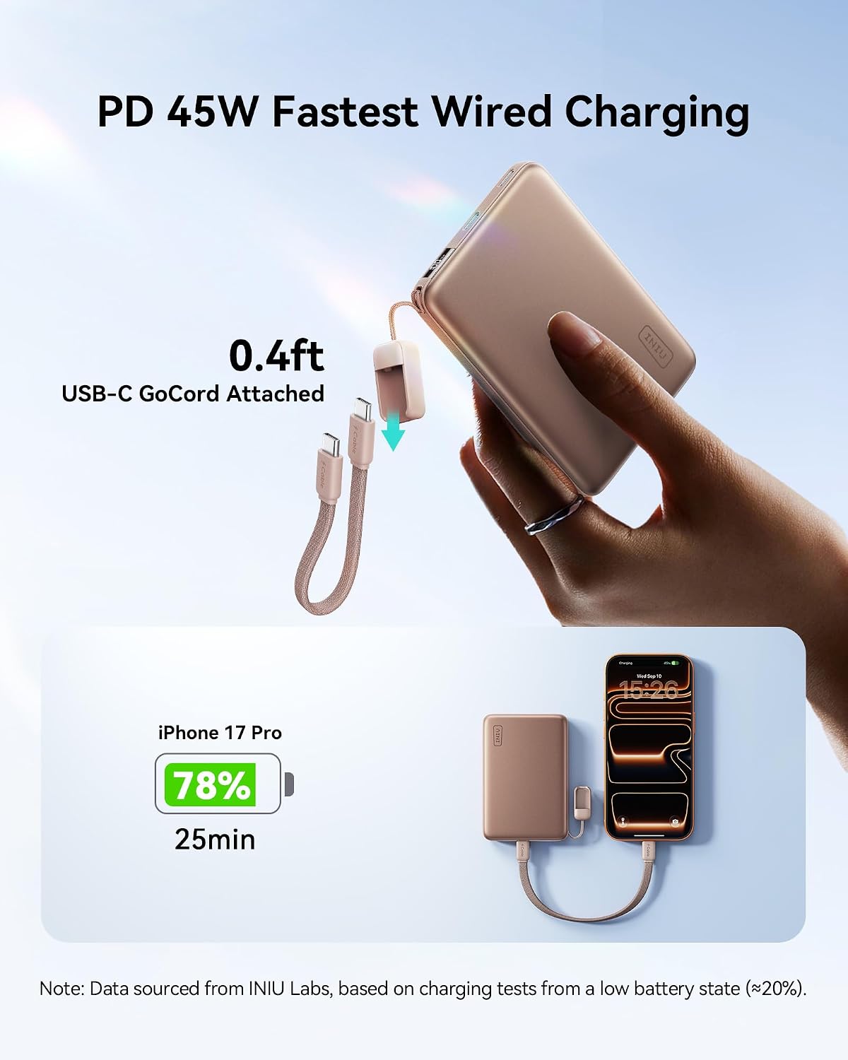 INIU P781 Power Bank using its attached USB-C GoCord for 45W wired charging