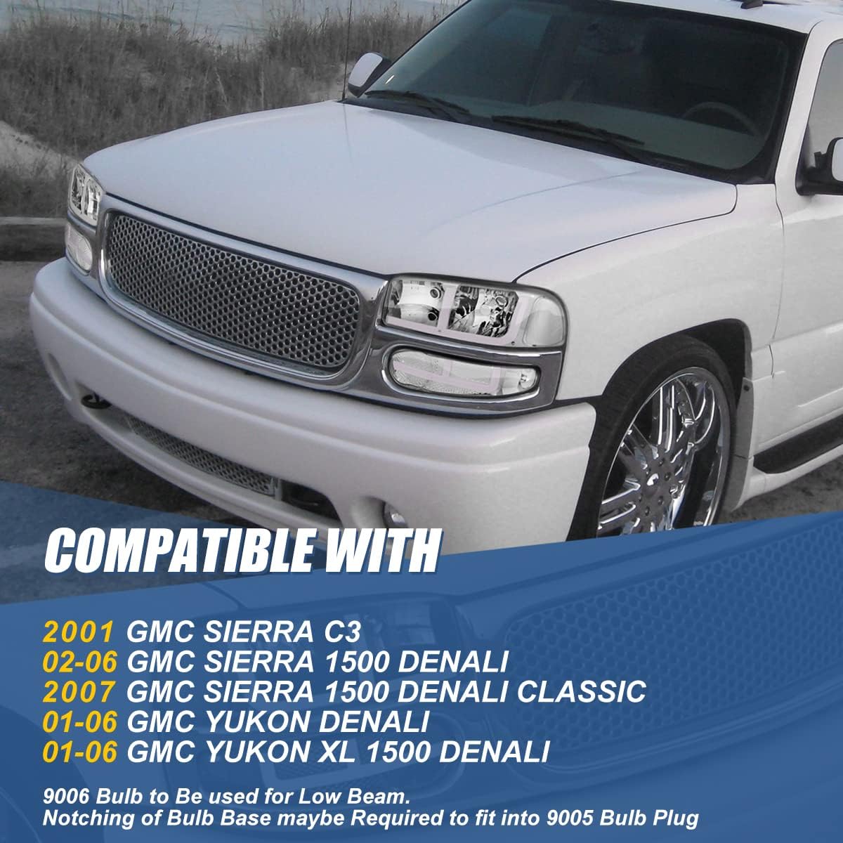 Auto Dynasty 4PCS Switchback LED DRL Headlights and Bumper Lamps Compatible with GMC Sierra C3 Yukon XL 1500 Denali 2001-2007, Driver and Passenger Side, Chrome Housing Clear Corner