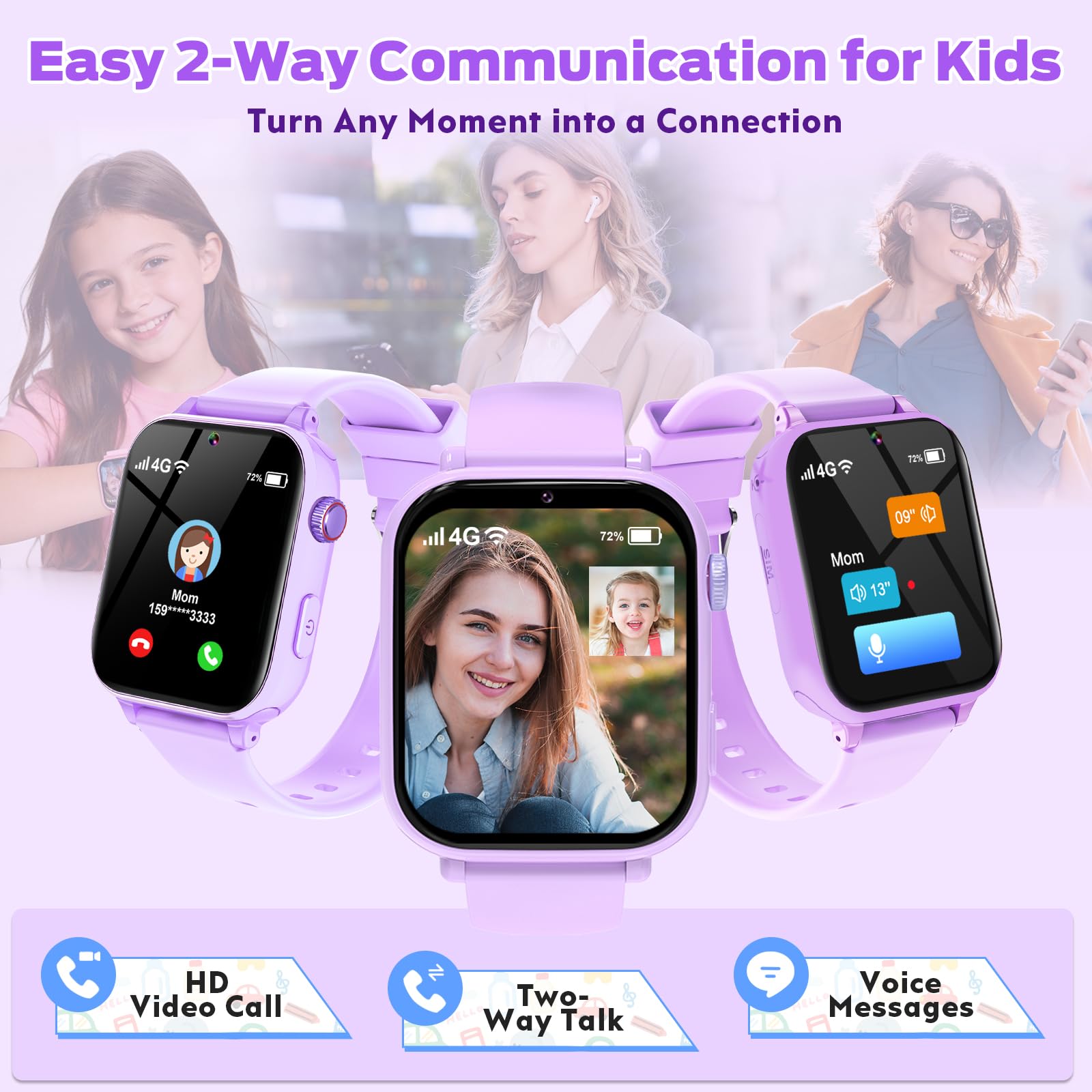 4G Reloj Inteligente Niño, Smartwatch Niños con GPS y Teléfono/Videollamadas/Chat de Voz/WiFi, SOS, Modo Escuela, Despertador, Podómetro Relojes Teléfono Regalos para Infantil 4-12, Lila Claro