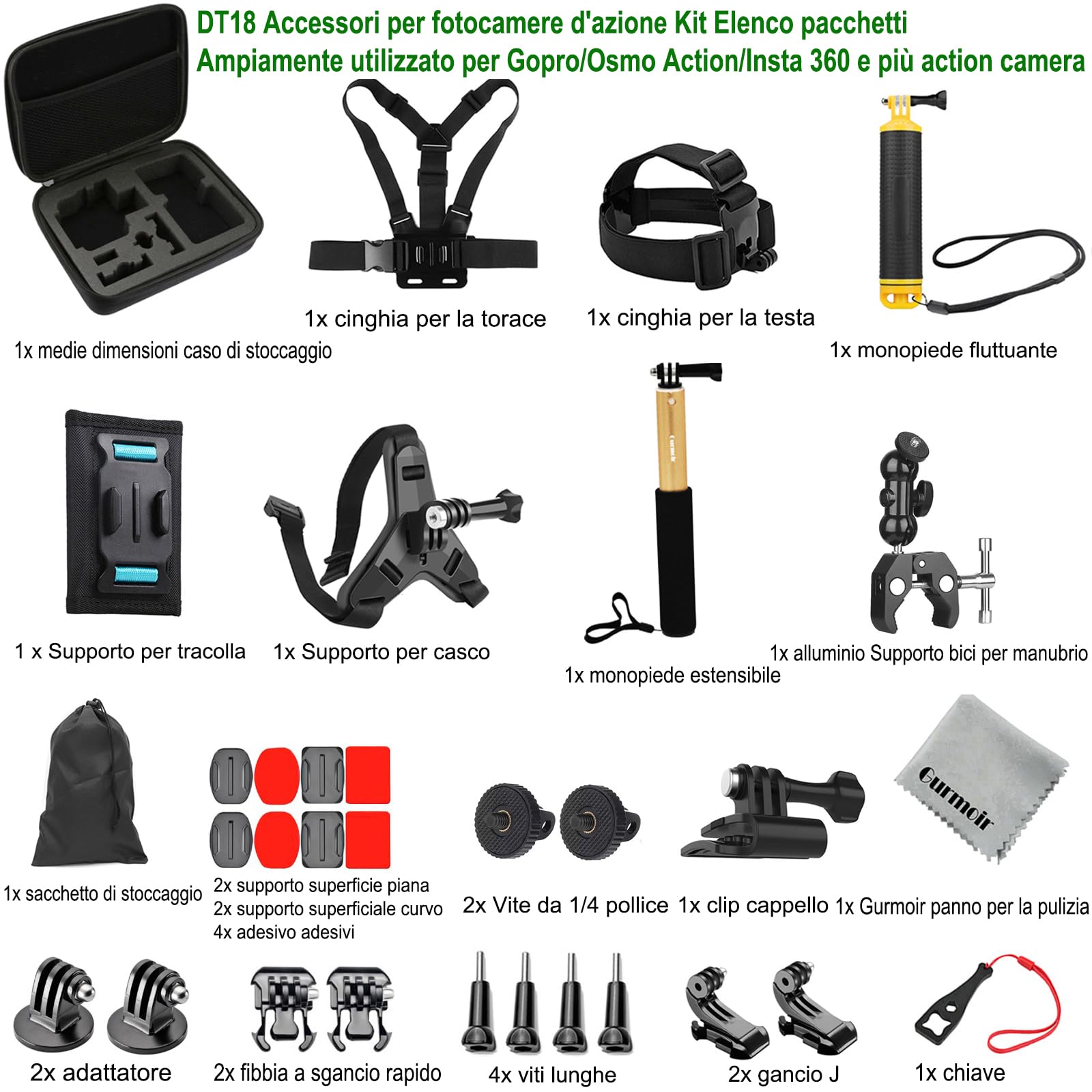Kit di accessori per Gopro 13/12/11/Max 2/DJI Osmo Action 6/5 pro/4/Insta 360 X5/X4 e più fotocamera d'azione, Supporto bici per manubrio/Supporto per casco Kit per Gopro/Insta 360 (DT18)